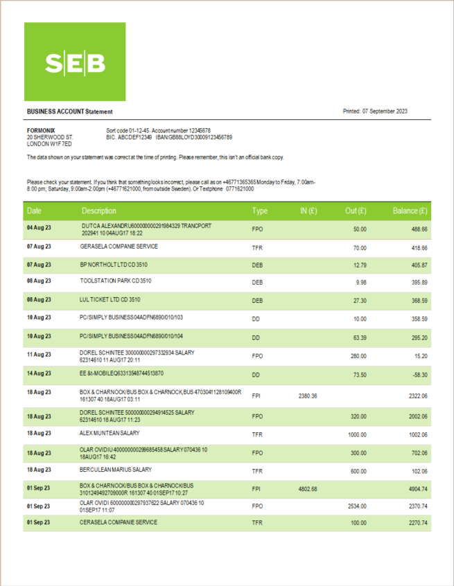 Modèle Word et PDF de déclaration d'entreprise de la Banque SEB